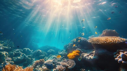 Fototapeta na wymiar Amazing underwater view with beautiful coral reefs in calm waters, natural sunlight, ideal for background or wallpaper. Ai generated
