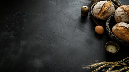 top view flat lay bread, egg and candle on a black background with copy space for Holy week Maundy Thursday - AI Generated  - obrazy, fototapety, plakaty