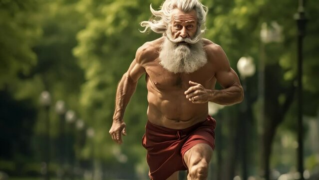 An adult man in the park on a morning jog proves to others that sports at any age are only beneficial. Generative AI