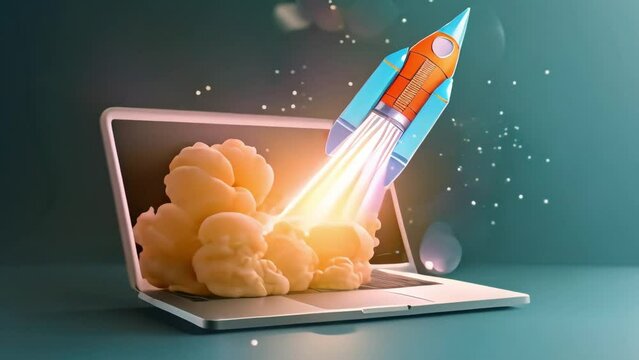 Laptop advertisement, the image of a 10d rocket taking off from the monitor seems to become three-dimensional and real. Generative AI - 50 keywords