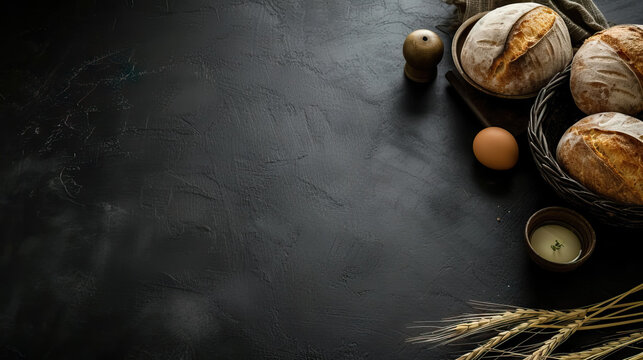 top view flat lay bread, egg and candle on a black background with copy space for Holy week Maundy Thursday - AI Generated 