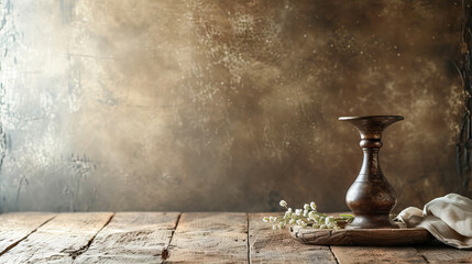 old golden grail goblet, towel and white flowers on wooden table against grunge wall background with copy space for Holy week Maundy Thursday - AI Generated