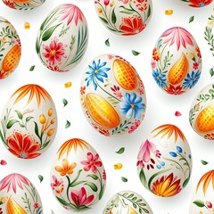 Fototapeta na wymiar Easter pattern colorful eggs on white background illustration. Template for printing Easter eggs on fabric and paper. Easter art design for decoration.
