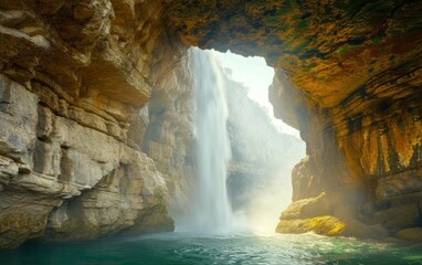 Naklejka premium waterfall coming through a cave in iceland