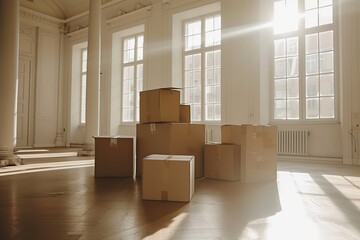 Well-lit room creating the perfect atmosphere for a transition, featuring thoughtfully arranged moving boxes for an efficient and hassle-free move
