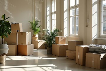 Sunlit room with carefully placed moving boxes, providing an ideal environment for a smooth and organized transition