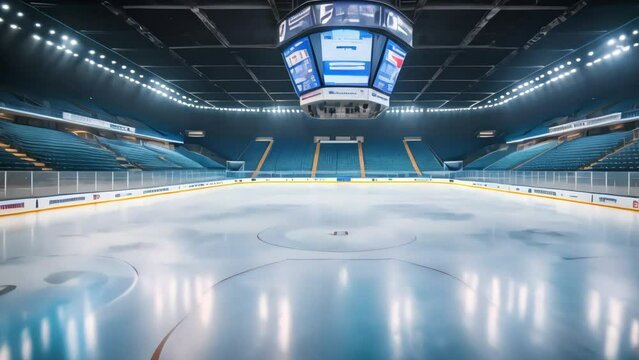 A professional hockey field, an ice arena illuminated by bright spotlights. Generative AI