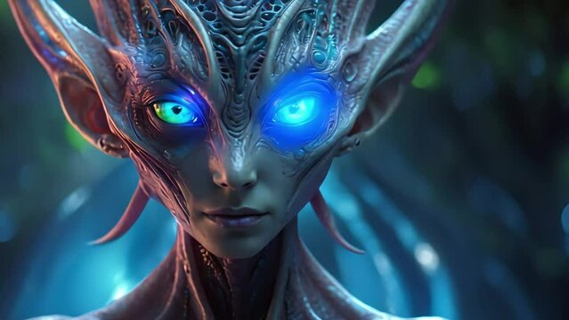 Close-up of the face of an alien creature with glowing blue eyes and silvery skin. Generative AI