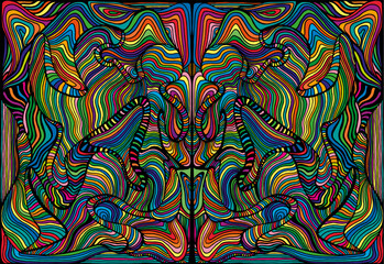 Symmetrical motley hippie trippy psychedelic abstract pattern with many intricate wavy ornaments, multicolor color texture.