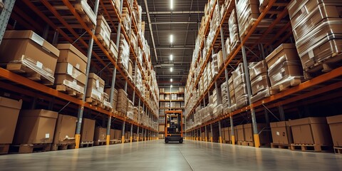 Fototapeta premium The brilliance of a warehouse with a pallet of boxes and tall shelves is elevated as a trolley becomes the focal point, creating a new and captivating dimension