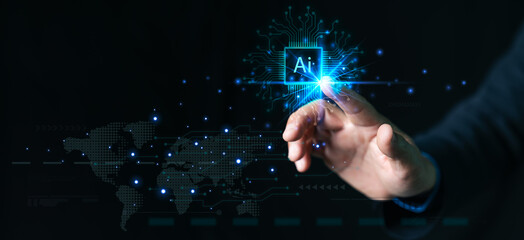 AI ,Business visionary points to AI letter icon on a world map, symbolizing the strategic utilization of AI in global business. Embrace innovation and navigate the future of intelligent technology