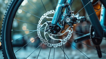 Essential Component: Grey Metal Brake Disc and Pads on Road Bike

 - obrazy, fototapety, plakaty