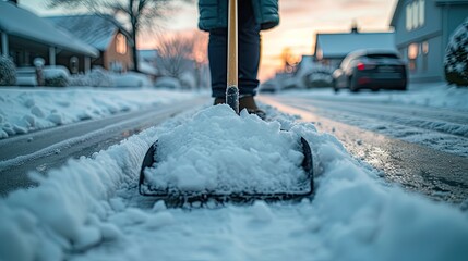Winter Chores: Person Clearing Driveway with Snow Shovel on Cold Day

