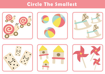 Education game for children with cute toys illustration. Circle the smallest object in each group. Fun and educational size comparison worksheets for kids.