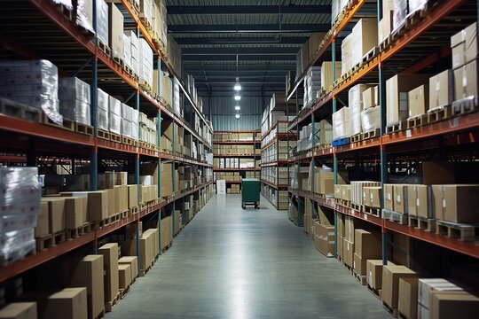 Radiantly lit warehouse space, featuring a pallet of boxes and tall shelves, creates a luminous storage setting that is both inviting and efficient
