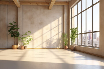 Bright Loft Room with Sunlight and Indoor Plants. Generative AI