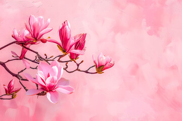 Fototapeta na wymiar Branches de magnolia fleurie sur fond rose
