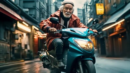 An elderly man working as a pizza delivery man on a bike is in a hurry to order customers. Generative AI