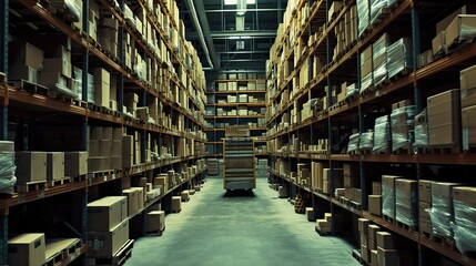 The brightness of the warehouse, where a pallet of boxes and tall shelves form the backdrop, creating a visually striking and organized storage environment