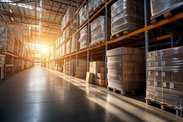 The warehouse transforms into a logistics hub, brightly lit tall shelves and a pallet of boxes signaling efficiency and order in the storage space