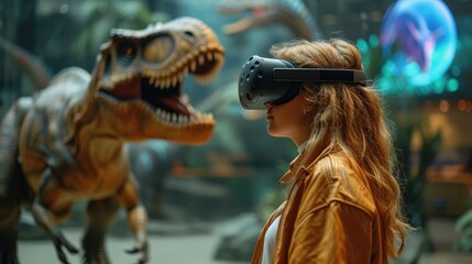 Virtual Adventure: Young Woman Explores Prehistoric World with Real Dinosaurs Using VR Headset

