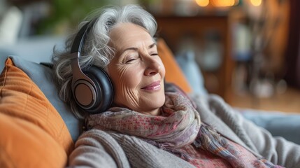 Serene Melodies: Senior Woman Enjoying Relaxing Music in Bed

