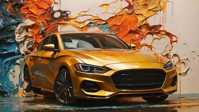 A golden-colored sports car against a background of splattered colored paint. Generative AI