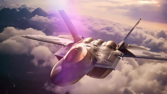 A training combat aircraft, a gray exterminator, soaring in the clouds, shimmering under the bright rays of the sun. Generative AI