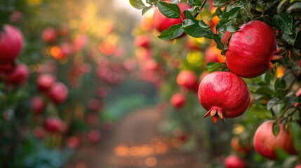 Stunning Autumn Garden with Ripe Pomegranates: Lush Trees Bearing Big, Beautiful Fruits
