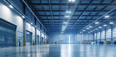 Futuristic Illumination in a Vast Modern Warehouse, Ideal for Storing High-Tech Gear