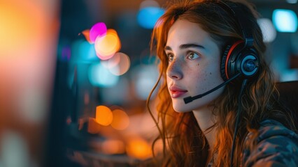 Happy Female Call Center Service Agent with Headset 