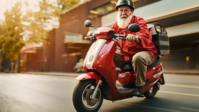 An elderly man working as a pizza delivery man on a bike is in a hurry to order customers. Generative AI - Powered by Adobe