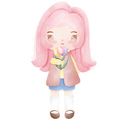 Pink girl and flower bouquet