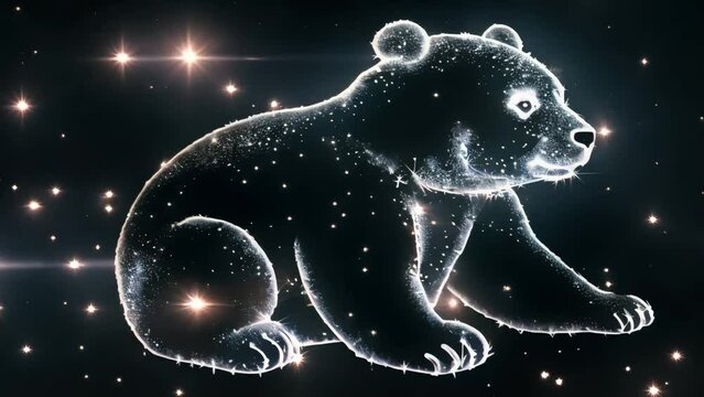 A polar bear consisting of hundreds of small shining stars on a dark background. Generative AI