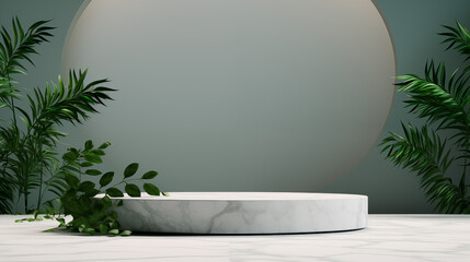 Stone Granite Marble Rock Platform Grey White Background Isolated Empty Blank Plate Podium Pedestral Table Stand Mockup Product Display Showcase Surface Podest Presentation Carrara Beauty Plants Leaf