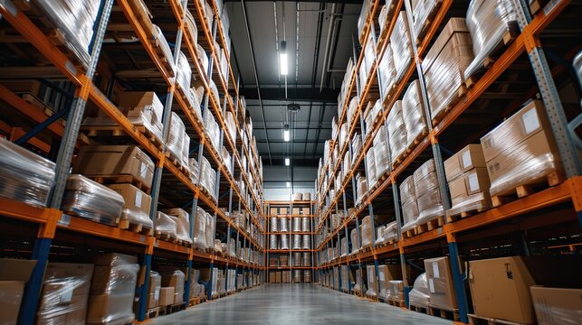 A brilliantly lit scene unfolds in the warehouse, portraying an organized repository with a pallet of boxes and towering shelves, showcasing an inviting and well-managed storage space