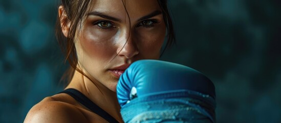 Studio portrait of a fit woman wearing blue boxing bandages.
