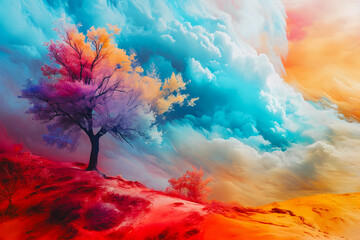 Paysage avec arbre solitaire et ciel nuageux , couleur de l'ar en ciel - obrazy, fototapety, plakaty
