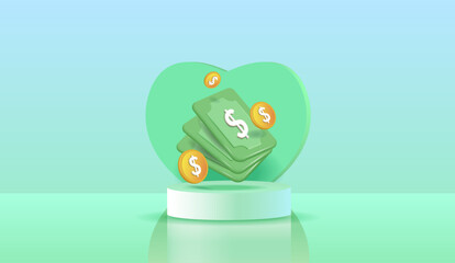 The currency is on the podium. The concept of accumulation
 and savings, cash payment.
3D vector image, space for copying.