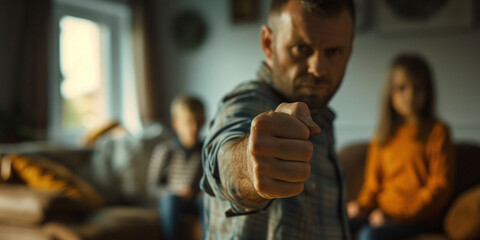 Man threatening children kid daughter son with his fist. Scared child sitting together on sofa couch in scare. Selective Focus on male hand. Child abuse anger and domestic violence concept. - obrazy, fototapety, plakaty
