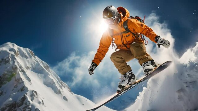 Snowboarder flying in a jump from a snowy slope, frosty winter, outdoor activities. Generative AI