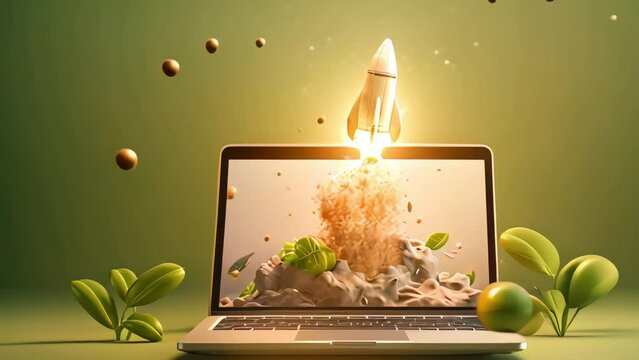 Laptop advertisement, the image of a 10d rocket taking off from the monitor seems to become three-dimensional and real. Generative AI