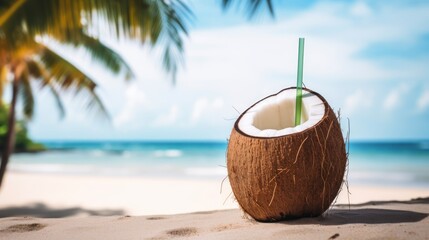 Coconut with straw on tropical beach. Vacation and travel concept