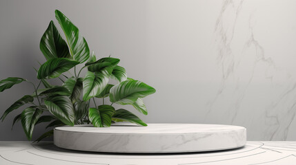 Stone Granite Marble Rock Platform Grey White Background Isolated Empty Blank Plate Podium Pedestral Table Stand Mockup Product Display Showcase Surface Podest Presentation Carrara Beauty Plants Leaf