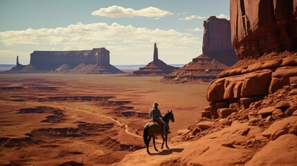 A person riding a horse on a dirt road surrounded by rocky hills - obrazy, fototapety, plakaty