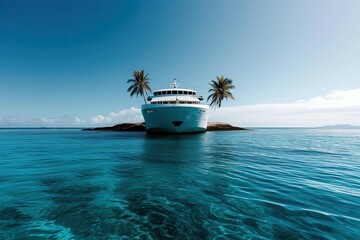 Tranquil Scene: Cruise Ship Stranded on a Secluded Island, Encircled by Pristine Blue Waters