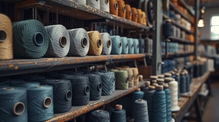 Fototapeta na wymiar Variety of thread spools neatly arranged on shelves in a textile workshop