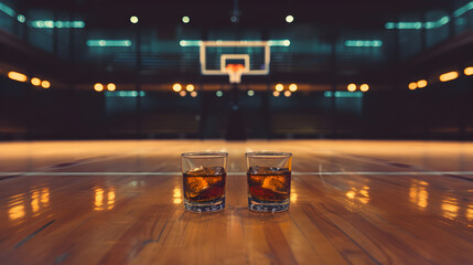 Cinematic wide angle photograph of two whisky glasses at a basketball stadium. Product photography.