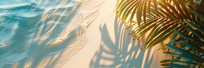 Top view of tropical leaf shadow on water surface. Shadow of palm leaves on white sand beach. Beautiful abstract background concept banner for summer vacation at the beach,goldern hours golden sand  - obrazy, fototapety, plakaty