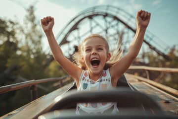 Kids' Adrenaline Rush: Futuristic Hyperloop Roller Coaster Delivers Euphoric Joy to a Young Rider, Combining Excitement and High-Speed Thrills in Amusement Park Fun.

